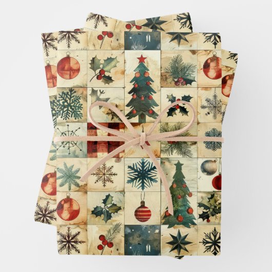 Vintage kerstquilt inpakpapier vel (In situ)