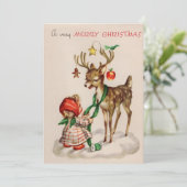 Vintage Kerstrendier en meisje Feestdagenkaart (Staand voorkant)