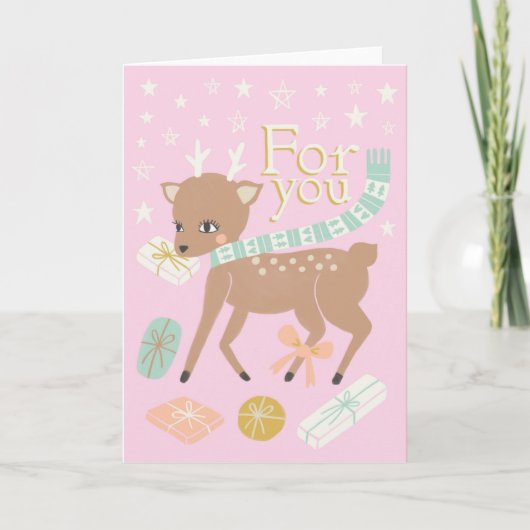 Vintage Kerstrendier roze gouden illustratie Kaart (Voorkant)