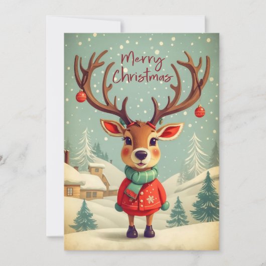 Vintage Kerstretro rendier in sneeuwvlokken Feestdagenkaart (Voorkant)