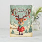 Vintage Kerstretro rendier in sneeuwvlokken Feestdagenkaart (Staand voorkant)