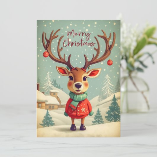 Vintage Kerstretro rendier in sneeuwvlokken Feestdagenkaart (Staand voorkant)