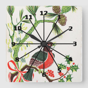 Vintage KerstRobin Vierkante Klok