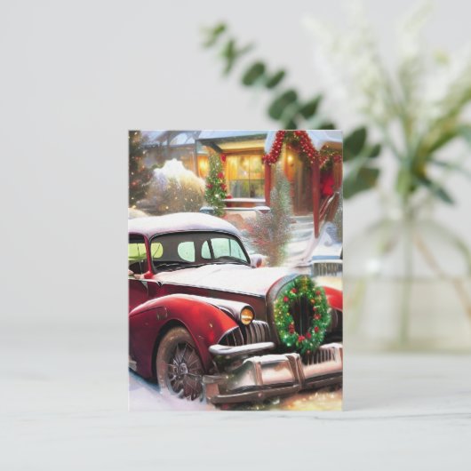Vintage kerstrode auto in sneeuw briefkaart (Staand voorkant)