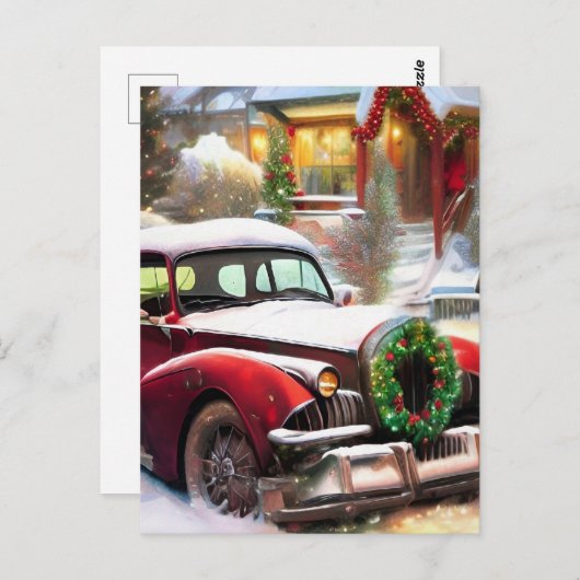 Vintage kerstrode auto in sneeuw briefkaart (Voorkant / Achterkant)