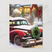 Vintage kerstrode auto in sneeuw briefkaart (Voorkant)