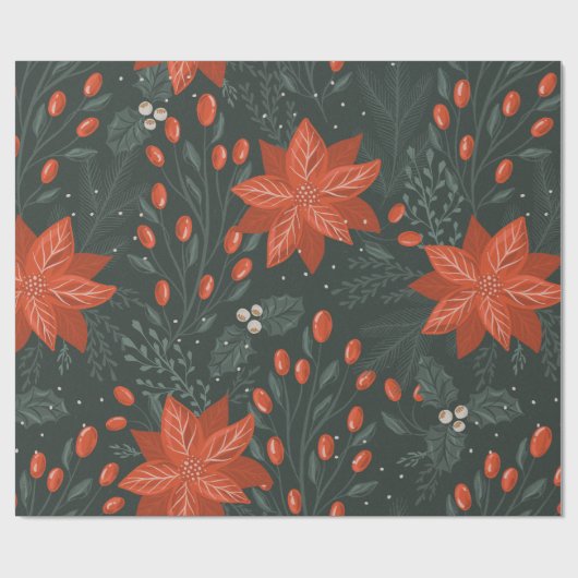 Vintage-kerstrood Poinsettia Patroon Cadeaupapier (Vlak)