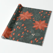 Vintage-kerstrood Poinsettia Patroon Cadeaupapier (Uitgerold)