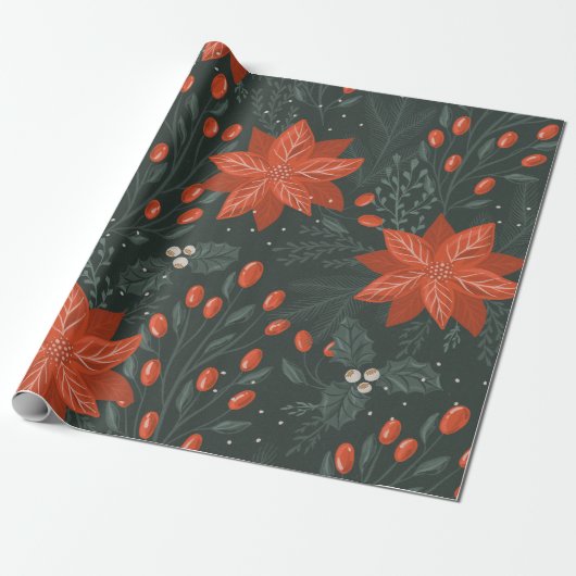 Vintage-kerstrood Poinsettia Patroon Cadeaupapier (Uitgerold)