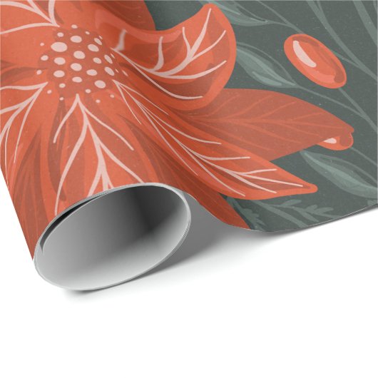 Vintage-kerstrood Poinsettia Patroon Cadeaupapier (Rol Hoek)