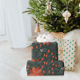Vintage-kerstrood Poinsettia Patroon Cadeaupapier