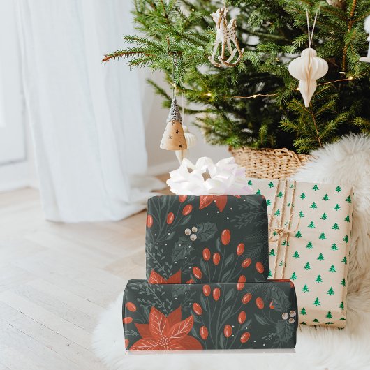 Vintage-kerstrood Poinsettia Patroon Cadeaupapier