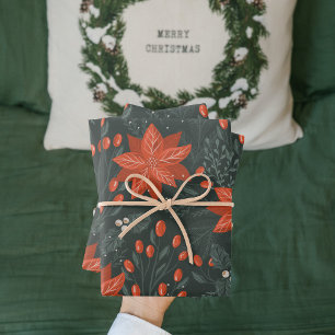 Vintage-kerstrood Poinsettia Patroon Inpakpapier Vel