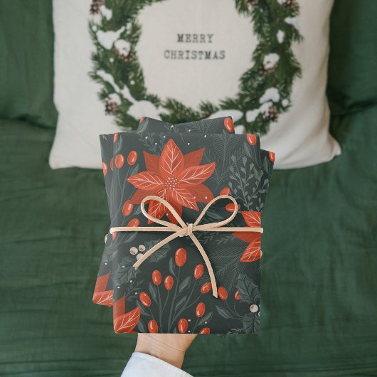 Vintage-kerstrood Poinsettia Patroon Inpakpapier Vel