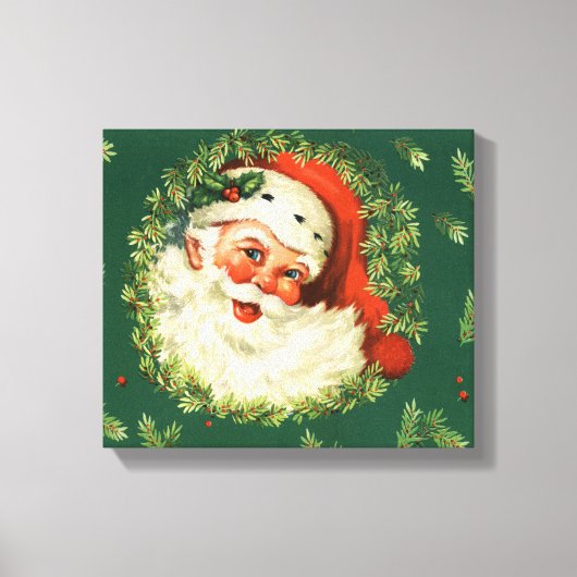 Vintage-kerstrood, witte en groene kerstman canvas afdruk (Voorkant)