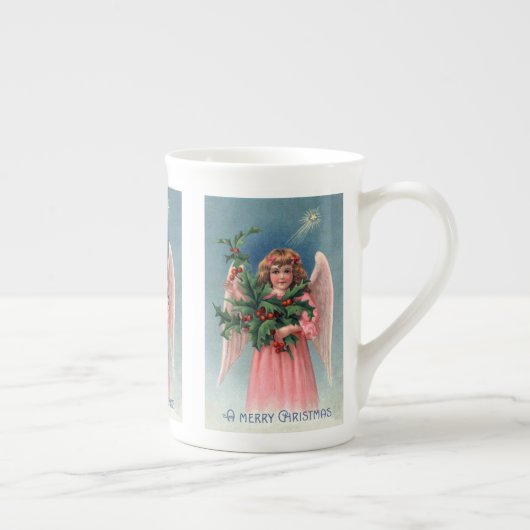 Vintage kerstroze engelentheekthee porselein kop (Rechts)