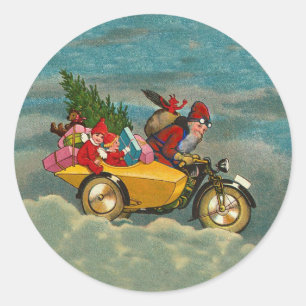 Vintage kerstsanta op motorfiets rondom LARGE Ronde Sticker