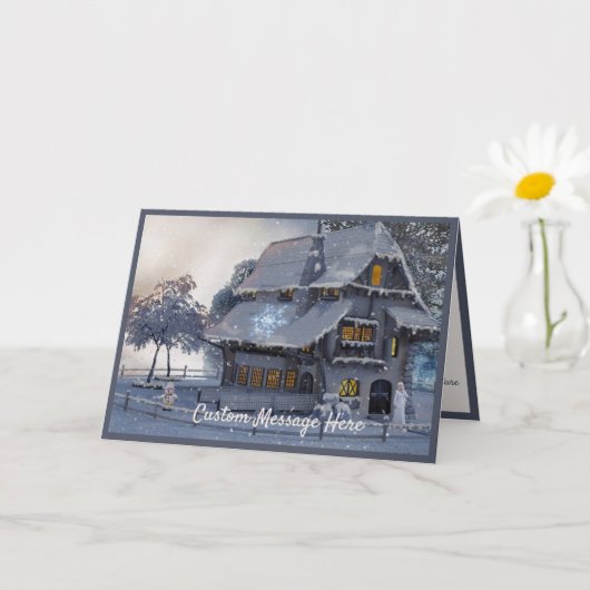 Vintage kerstscene Cottage Snowman Kaart (Kleine Plant)