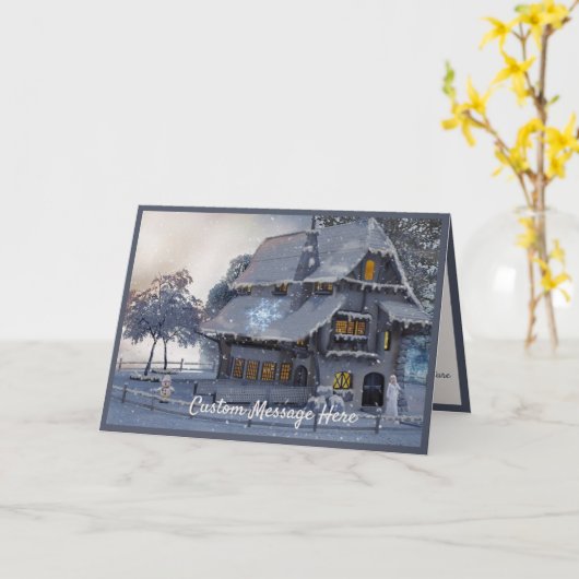 Vintage kerstscene Cottage Snowman Kaart (Gele Bloem)