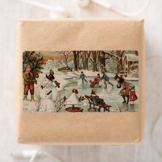 Vintage kerstscène schaatsen etiket (Insitu)