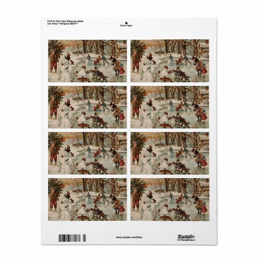 Vintage kerstscène schaatsen etiket (Full Sheet)