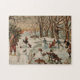 Vintage kerstscène schaatsen legpuzzel