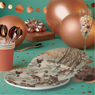 Vintage kerstscène schaatsen papieren bordje