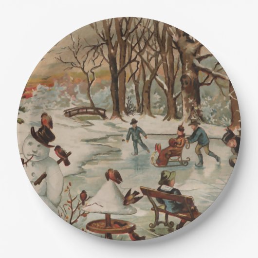 Vintage kerstscène schaatsen papieren bordje (Voorkant)