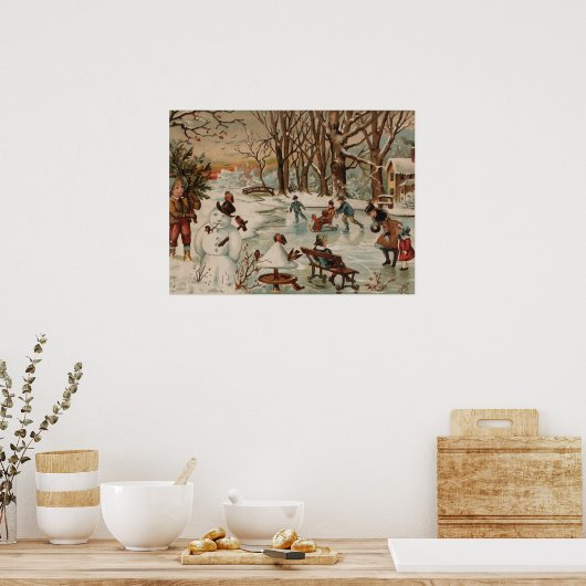 Vintage kerstscène schaatsen poster (Keuken)
