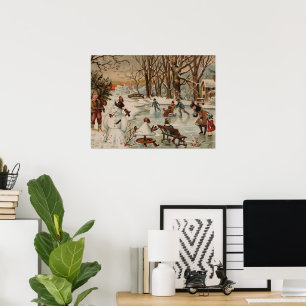 Vintage kerstscène schaatsen poster