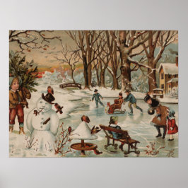 Vintage kerstscène schaatsen poster