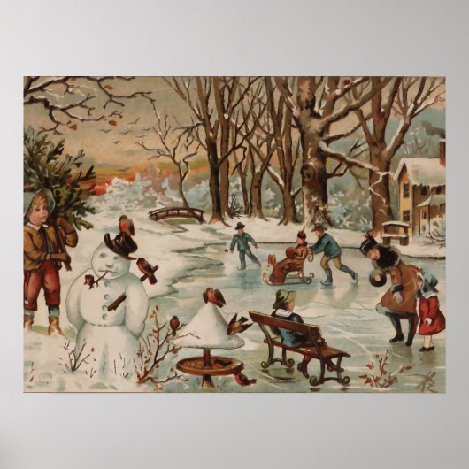 Vintage kerstscène schaatsen poster (Voorkant)