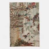 Vintage kerstscène schaatsen theedoek (Verticaal)