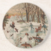 Vintage kerstscène schaatsen zandsteen onderzetter (Voorkant)
