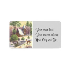 Vintage kerstscène, Snowy Landscape met Deer Etiket