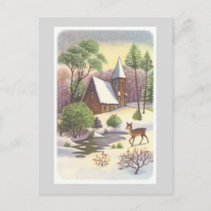 Vintage kerstscène, Snowy Landscape met Deer Feestdagenkaart