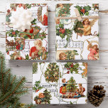 Vintage-kerstscènes, Holly & Music Collage Inpakpapier Vel<br><div class="desc">Jolly,  kleurrijke en feestelijke design met collage-stijl,  met scènes van de oude wereld Santa,  engelen en kerstbomen op gesculpte etiketten op een achtergrond van kerstkarolmuziek op een witte achtergrond.</div>