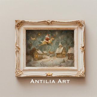 Vintage kerstschilderij Sinterklaas & rendier Poster