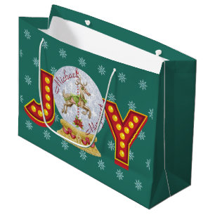 Vintage kerstsneeuw wereldbol rendiersnowflakes groot cadeauzakje