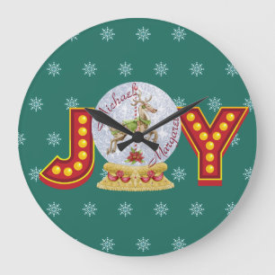Vintage kerstsneeuw wereldbol rendiersnowflakes grote klok