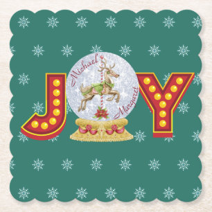 Vintage kerstsneeuw wereldbol rendiersnowflakes kartonnen onderzetters