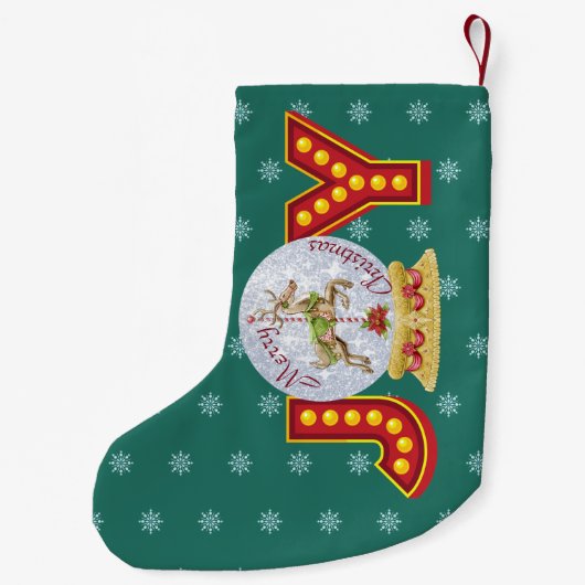 Vintage kerstsneeuw wereldbol rendiersnowflakes kleine kerstsok (Achterkant)