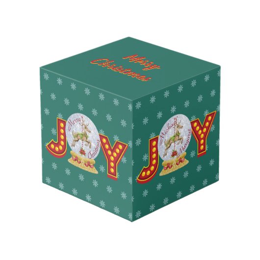 Vintage kerstsneeuw wereldbol rendiersnowflakes kubus (Voorkant hoekig)