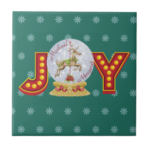 Vintage kerstsneeuw wereldbol rendiersnowflakes tegeltje