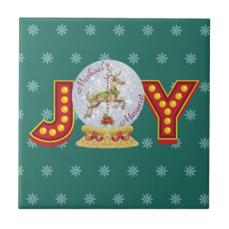 Vintage kerstsneeuw wereldbol rendiersnowflakes tegeltje