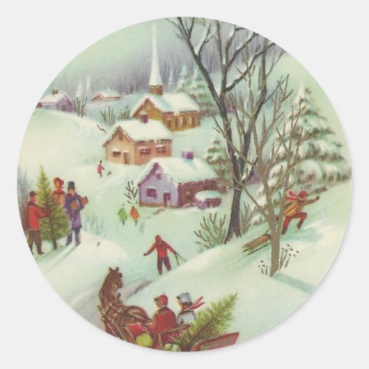 Vintage-kerstsneeuwscène Ronde Sticker (Voorkant)