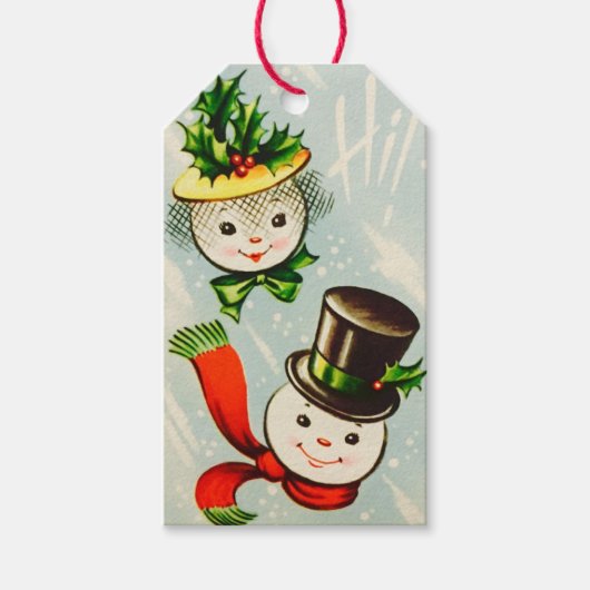 Vintage-kerstsnowman-paar Cadeaulabel (Voorkant)