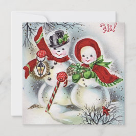 Vintage-kerstsnowman-paar met cadeautje-holida feestdagenkaart