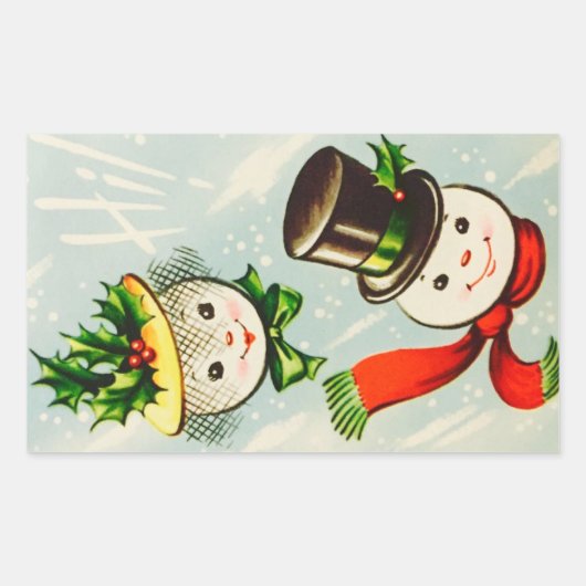 Vintage-kerstsnowman-paar Rechthoekige Sticker (Voorkant)