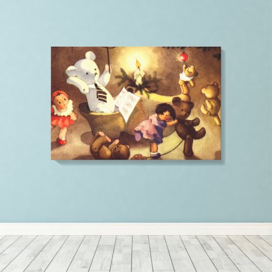 Vintage kerstspeelgoed, danspoppen, Teddy Bears Canvas Afdruk (Insitu (Houten vloer))